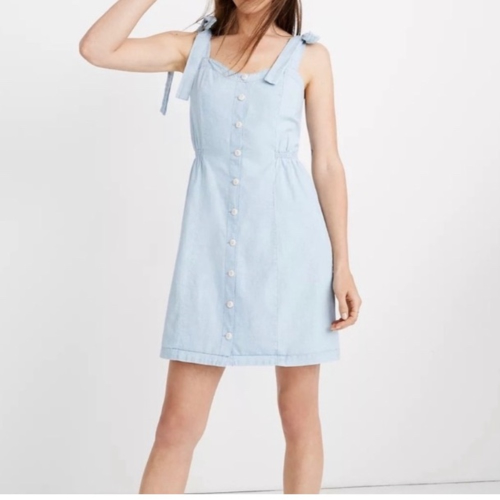 Madewell Chambray Button Up Sundress with Tie Straps, Size 0